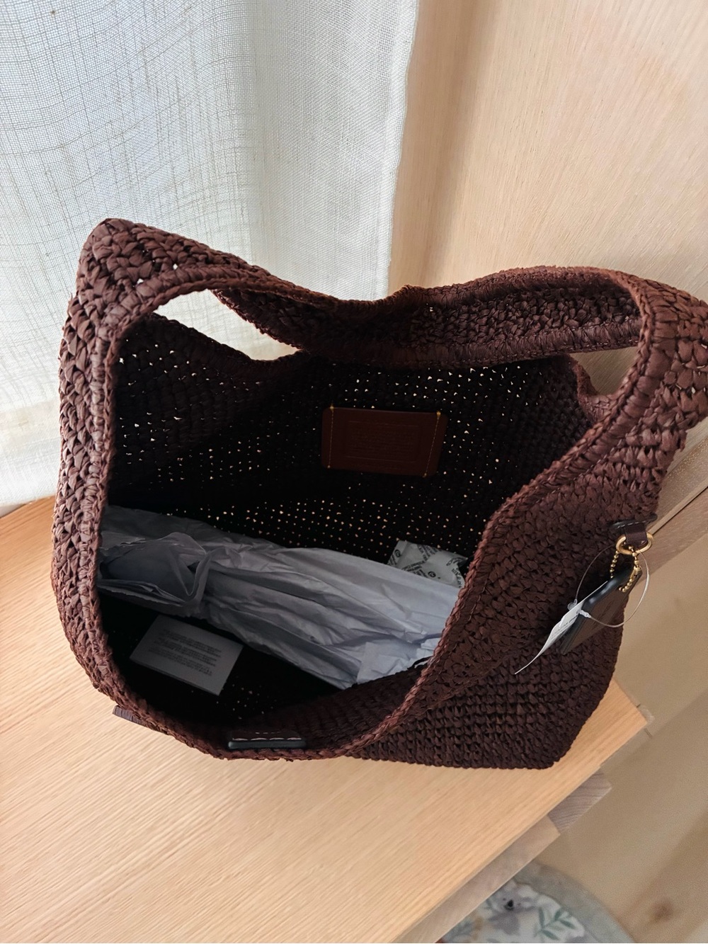 NWTšCoach Brooklyn Shoulder Bag 34 Maple Dark Brown CDZ38 Straw Tote Woven Fall - Picture 5 of 8